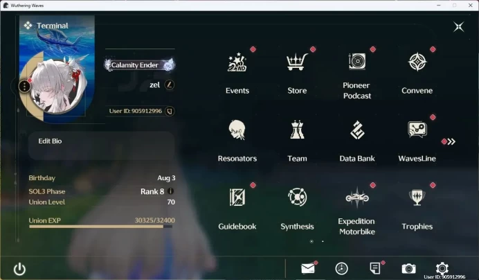 SEA|UL 70|Rank 8|8 Limited Char [Luno,Changli,Jinhsi]+Sign,Cartethyia,Ciaccona,Phrolova,Mornye,Hiyuki|MC Male|TakeMail WW030B