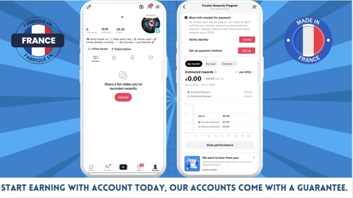 100% Monetized France Account Creator Rewards Program Active | 10k Real Followers & 38k Likes | Real Screenshots + Full Access + Good Standing