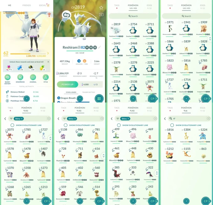 ACm1513 -lv 62 Instinct | x12 2000CP | x1 Legendary | x42 shiny | x6 100IV | Reshiram | Shiny Gardevoir Incineroar Typhlosion Blastoise Blissey