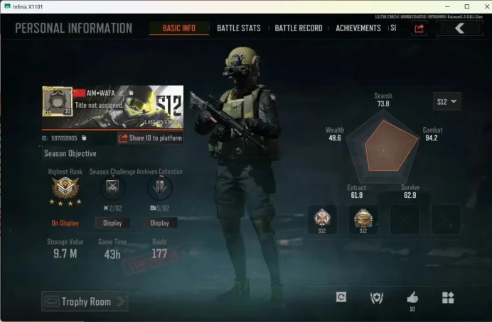 Mobile | LV 30 | SV 9.7 M | SS AKM, Ceremonial MCX, GM AK-12, Graffiti AK-102, Meteor T951 | More Check SS AB520B