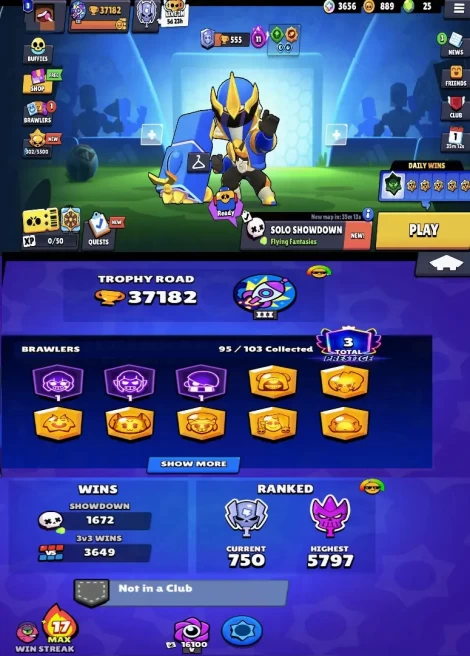 24LV11BRAWLERS~37182TROPHIES~249SKINS~14HYPERCHARGE~95BRAWLERS #A1348Z