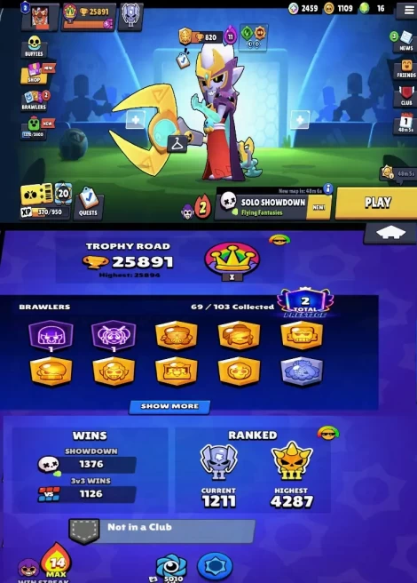 20LV11BRAWLERS~25891TROPHIES~134SKINS~8HYPERCHARGE~69BRAWLERS #A1347Z