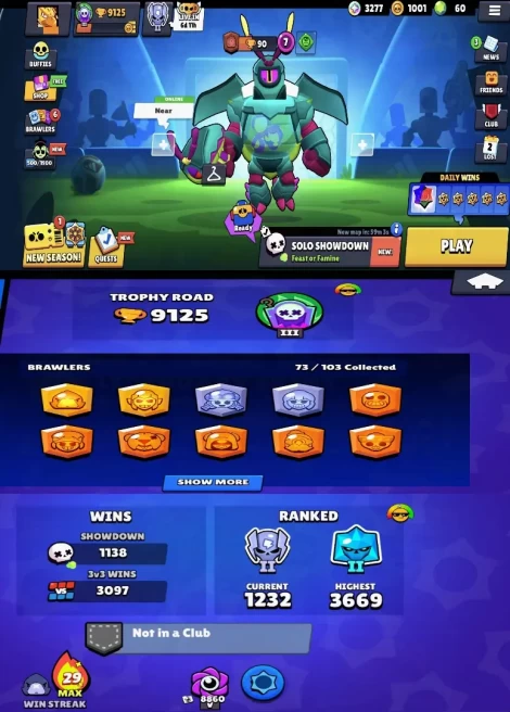 8LV11BRAWLERS~9125TROPHIES~146SKINS~7HYPERCHARGE~73BRAWLERS #A1342Z