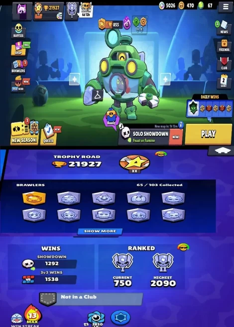 18LV11BRAWLERS~21927TROPHIES~102SKINS~15HYPERCHARGE~65BRAWLERS    #A1341Z