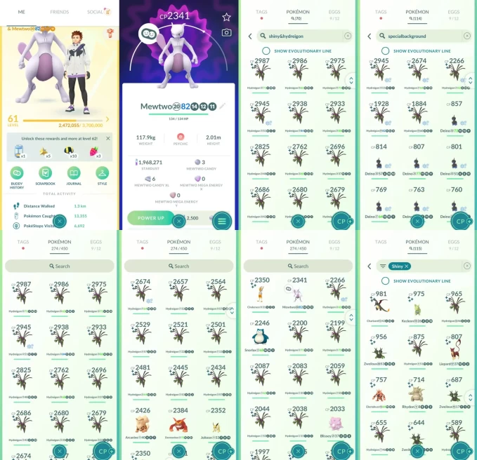 ACm1519 -lv 61 Instinct | x36 2000CP | x1 Legendary | x115 shiny | x2 100IV | Mewtwo | x70 Shiny Hydreigon x114 special background