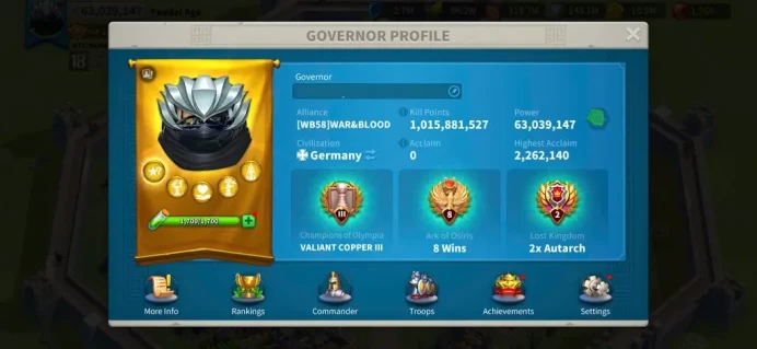 ROK2368: 55M - Vip 16 - 17 Commanders - 16 Passport - 4k Gems - 414 Gold Heads - 1 Skin house - 3 farm