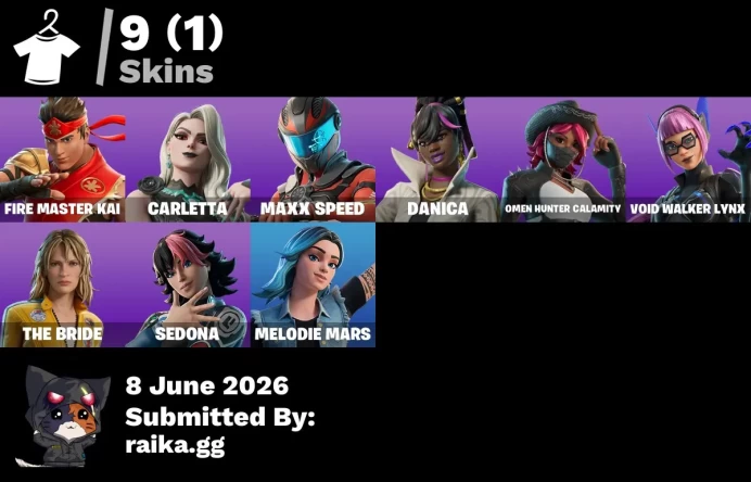 ACC312 Fortnite Account [PC] 9 skins | FIRE Master Kai | Carletta | Maxx Speed | Danica | Omen Hunter Calamity | Void Walker Lynx | The Bride | 