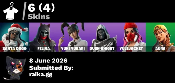 ACC313 Fortnite Account [PC] 6 skins | Santa Dogg | Felina | Yuki Yubari | Blitz Knight | Yulejacket | Aura | Gwenpool's Katanas | Captain Jones