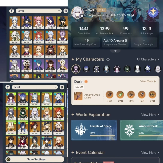 All platform - EU - AR60 - 99 Character 48 5'star - 31 weapon 5'star - Nefer - Columbina - Flins - Lauma - Zibai - Skirk - Durin - Furina - 1724