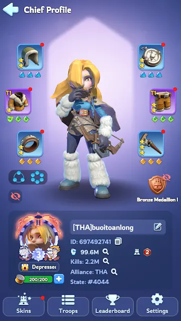 WOS210-State 4044 | VIP 6 | 100M Power(Peak) & 53M(Peak) | T10 Troop |FC 2 | 6M6 Squad |2 March, 4 Avatar Skins | 8 SSR Heroes ( 1 Full Star