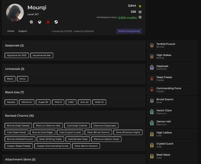 GOD Account - Old Account 2019 - Level 167 - +1 Season Diamond - +7 Black ICE - +2 season Platinum - +9 Legends Skin - +3.9K Credit Market Credi
