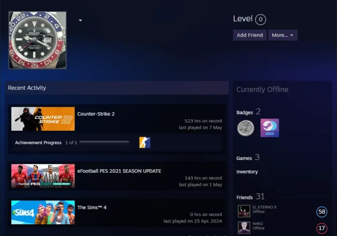 CS2 Prime 523 hours+5Medals(2021-2024 Service Medal/5Y/Premier Season One Medal/Global Offensive Badge)