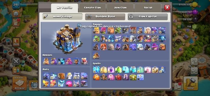 Town hall 18 Xp 241, 16 equipment epic(4 max), 4 Hero max, C6409