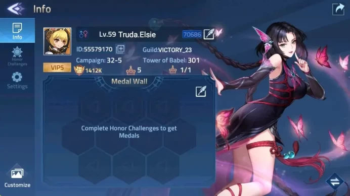 Global |Lv.59 | 1412K Power | Camp 32-5 | VIP 5 | Hero 91 |1 UR (Heartcore Angela) |1 Elit Skin| Detail Check SS MLA040B