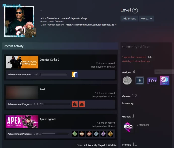 Rust-CS2 Prime 339 hours+4Medals(2025 Service Medal/Premier Season One Medal/5Y/Loyalty Badge/Off Badge)