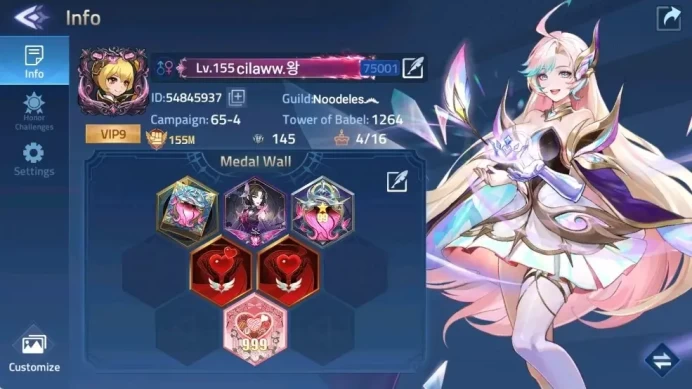 Global | LV 155 | 155M Power | Camp 65-4 | VIP 9 | Hero 217 | 5 UR[Irithel,Genesis,Infina] |29 Awakend| Detail Check SS MLA042B