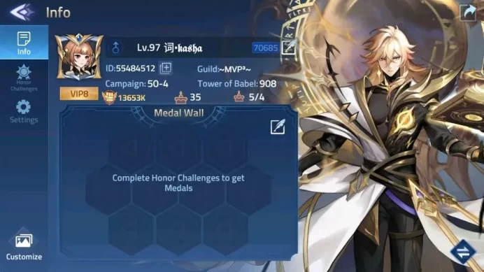 Global | LV 97 | 13653K Power | Camp 50-4 | VIP 8 | HERO 141 |3 SSR[Infinia,Angela,Akashic] |2 Awakend | Detail Check SS MLA044B