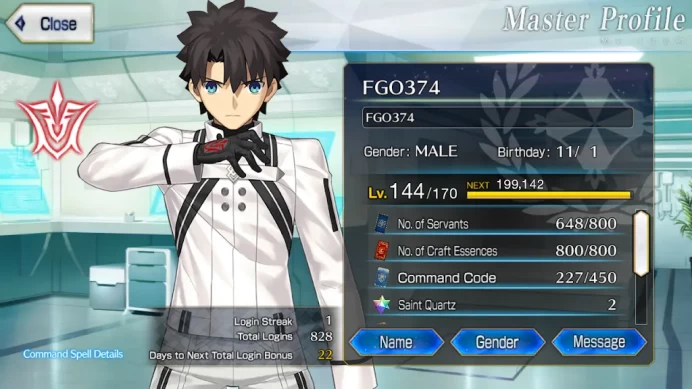 FGO374: NA | Lv144 | 828 days| 29 SSR 40 WNP (Ptole NP5 + Morgan NP5)| 52+ CE MLB (Aerial 100/100) & Black Grail 60/80 | 29 SSR Max Skills | 29