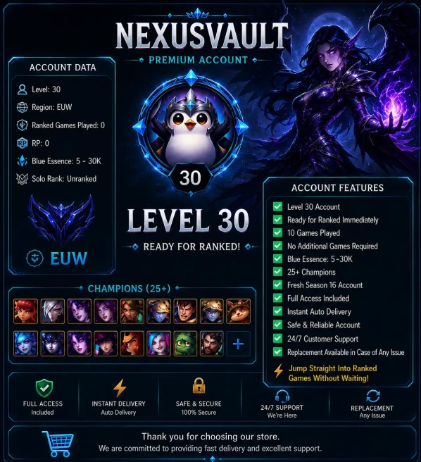 [EUW] LOL UNRANKED SMURF ACCOUNT | LVL 30 | RANDOM BE |25+ champion | S16 FRESH | INSTANT DELIVERY | 24/7 SUPPORT # Full Access