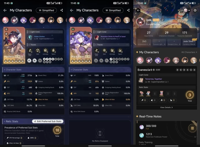 All Platform - EU - Level 57 - 29 Character - 11 5'star - 1 Light Cone 5'star - Kafka - Evanescia - Fu Xuan - Hysilens - 1795