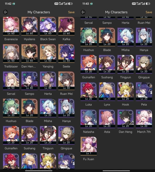 All Platform - EU - Level 57 - 29 Character - 11 5'star - 1 Light Cone 5'star - Kafka - Evanescia - Fu Xuan - Hysilens - 1795