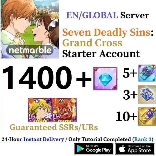 Global 7DS Grand Cross Starter Account with 1400-1500 Diamonds & 5+ SSR & Ultimate Escanor + Traitor Meliodas Guaranteed & 3+ SSR Tickets