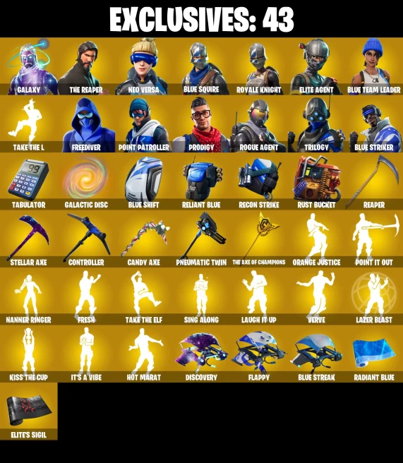 Full Access | 206 skins | Galaxy | The Reaper | Neo Versa | Blue Squire | Royale Knight | Elite Agent | Blue Team Leader | Freediver | Point