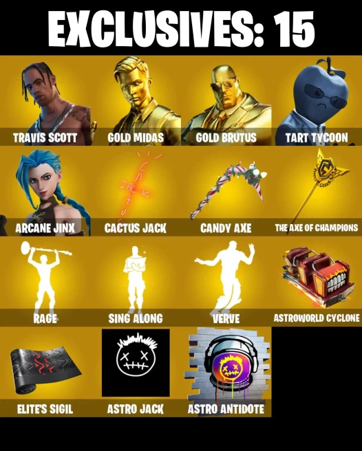 Full Access | 120 skins | Travis Scott | Gold Midas | Gold Brutus | Tart Tycoon | Arcane Jinx | The Foundation | Gear Specialist Maya | Sorana