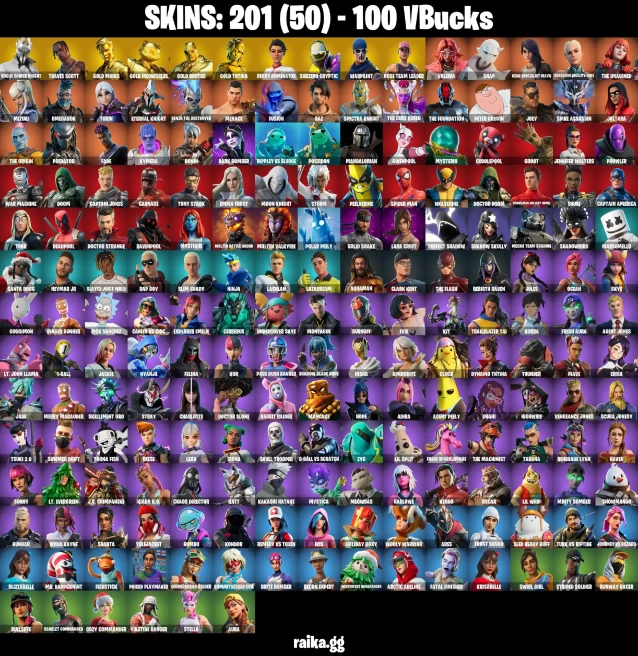 201 skins | OG STW | Rogue Spider Knight | Travis Scott | Gold Midas | Leviathan Axe | Gold Brutus | Gold TNTina | Derby Dominator | 100 VB