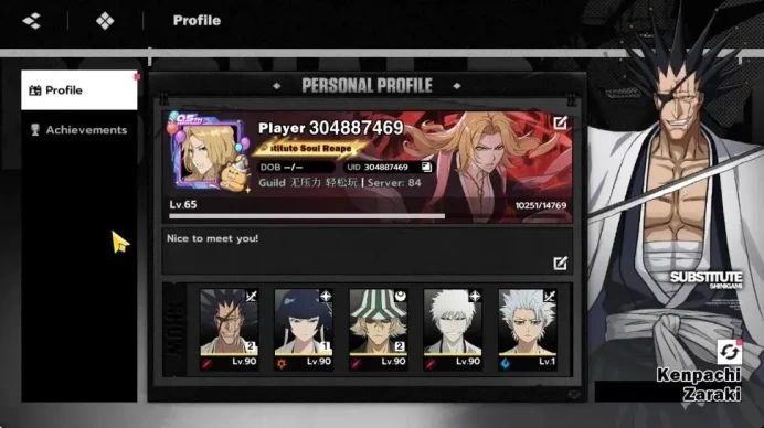 NuverseSEA|LV 65|10 SSR[KenpacB2,UrahB2,SoiFonB1,Ichigo IH,Ikkaku]+Stamp,Byakuya,Toshiro,Yoru|5,1k Jade|5Sign|Log Google|BSR1211