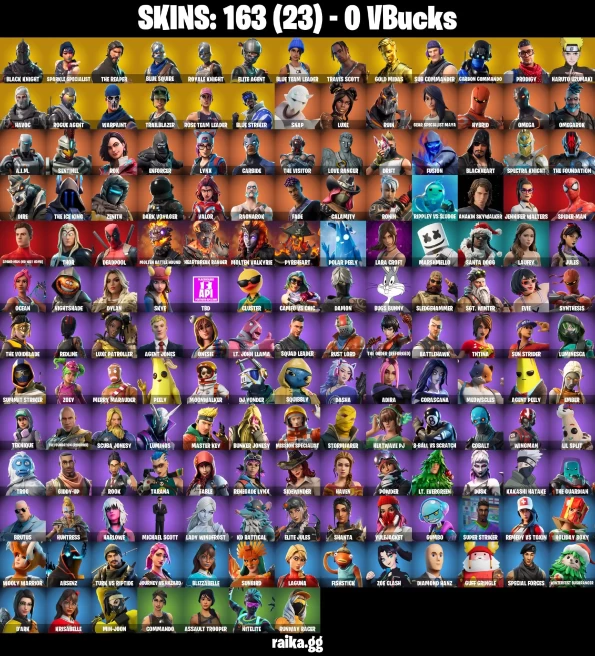 163 skins | OG STW | Black Knight | Sparkle Specialist | The Reaper | Blue Squire | Royale Knight | Elite Agent | Blue Team Leader | Travis Scot