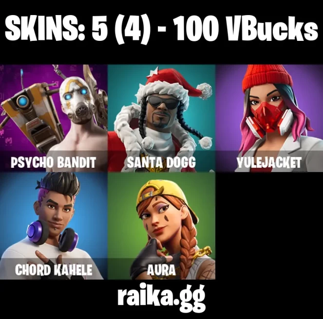 5 skins | Psycho Bandit | Santa Dogg | Yulejacket | Chord Kahele | Aura | That's Cold Jac! | Snoop's Holladizzle Bass | Bobo | Golden Nemesis