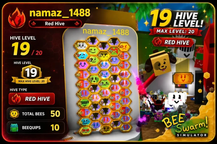 ROBLOX 2307//ACCOUNT WITH 50 Bees / Level 19 Hive/ 10 Beequips