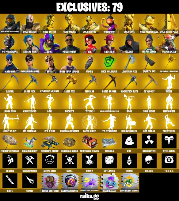 [ALL PLATFORMS] 423 SKINS | EXTREMELY RARE GOLDEN PEELY | GOLD KRATOS | MIDAS | RUE | OG PARADIGMA | REAPER | LEVIATHAN AXE | UNCHAINED RAMIREZ