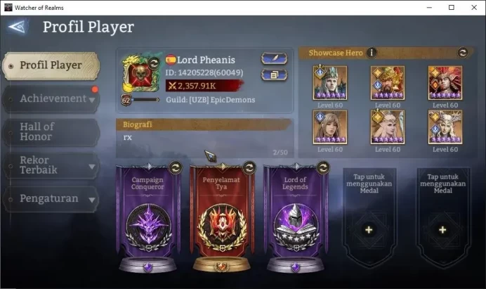 GLOBAL 60x|Lv 62|2,3M Power|2 Lord[Laya,Rivenhald]|38 Legend[VelisseA2,Eirlys,Kigiri,Guan Yu,Leikan,Etc]|Take Mail(WOR1246)