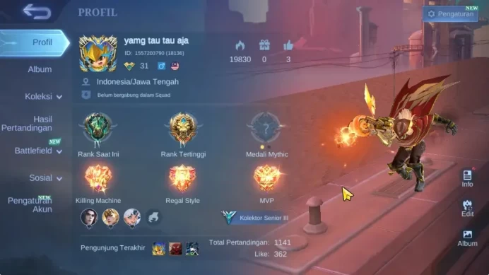 Hero 62|Skin 87|Myst(Lesley,Julian),Naruto Vale,Seiya Badang,Blazing(Franco,Aldous),MSC Claude,Etc|Take Mail|Check SS(MLBB2289)