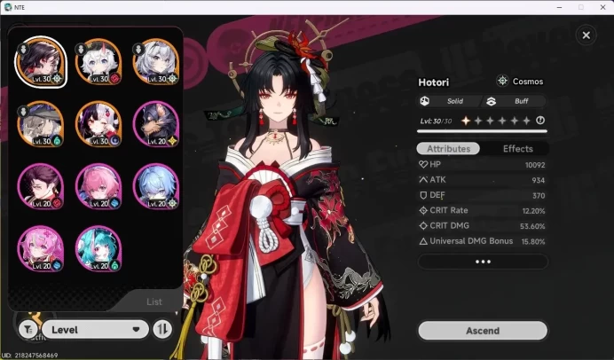 SEA| Lv 17 | 4 SSR 3 Limit(Hotori,Lacrimosa,Sakiri),Jiuyuan+Sign|Glider+2ArcS|Selector ON|MC Female|Log Email|Check SS NTE243B