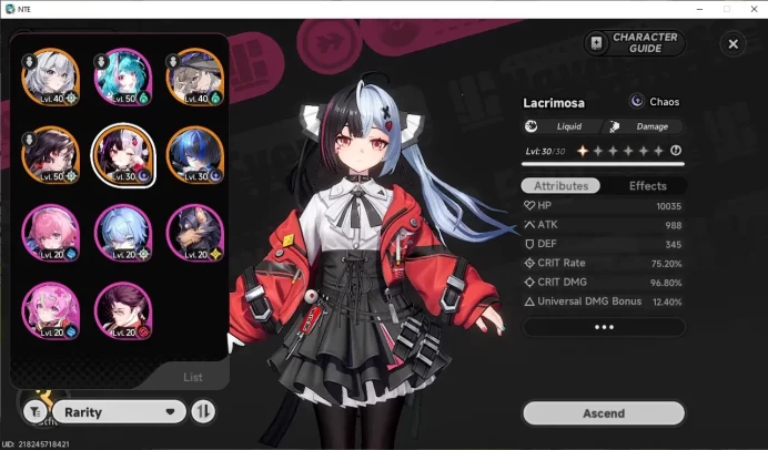 GLOBAL SEA|HL 33|TL 11|4 SSR 2 Limit[Lacrimosa,Hotori]+Sign|1 S-Class Char Box|2 Glider|Female MC|LogEmail|NTE1389