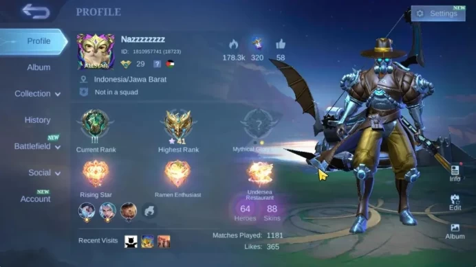 Hero 64|Skin 88|LightBorn Granger,Myst(Lesley,Silvanna),Naruto Vale,SpongB Cyclops,4 Epic Skin,Etc|Take Mail|Check SS(MLBB2295)