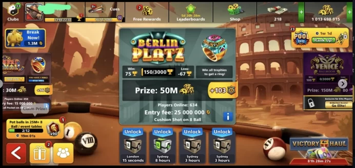 1 Billion Coin 17+ cues unlocked 1- 100 level 1Billion play