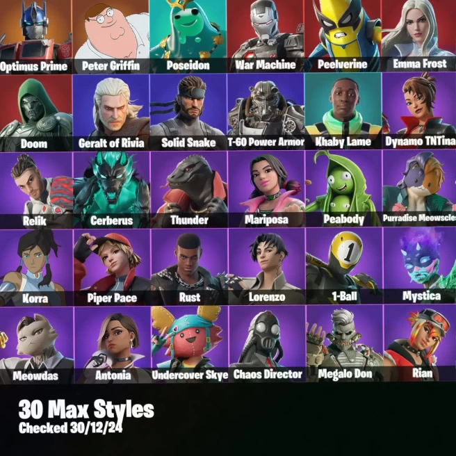 [PC/PSN/XBOX] 104 Skins + 2 Spider-Mans + Time Brella + Medusa + Valeria + Bracer + Dynamo TNTina + Relik + Zeus + 250 VB - PARENTA #LOT-139202