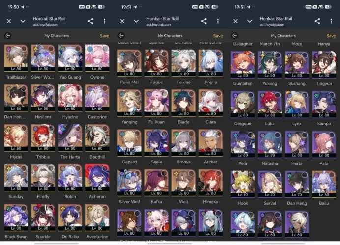 1838 - All Platform - EU - Level 70 - 59 Character 37 5'star - 25 Light Cone 5'star - Yao Guang - Silver Wolf - Cyrene - Acheron - Castorice - H