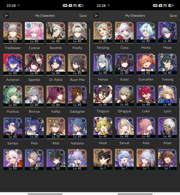 1839 - All Platform - EU - Level 70 - 40 Character 18 5'star - 4 Light Cone 5'star - Cyrene - Sparkle - Acheron - Firefly - Bronya - Kafka