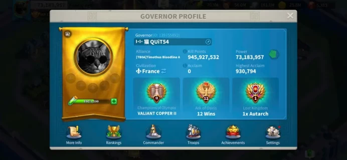 ROK2385: 73M - Vip 13 - 7 Commanders -  46Passport - 195  Gold Heads -  5k Gem - 3 farm
