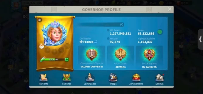 ROK2386: 66M - Vip 15 - 11 Commanders - 31 Passport  - 1M8 Credit - 1140 Gold Heads - 4  farms - 30k Gems