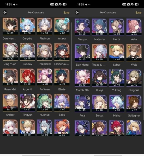 1842 - All Platform - EU - Level 65 - 41 Character 21 5'star - 5 Light Cone 5'star - Phainon - Cerydra - Sunday - Anaxa - Jing Yuan 
