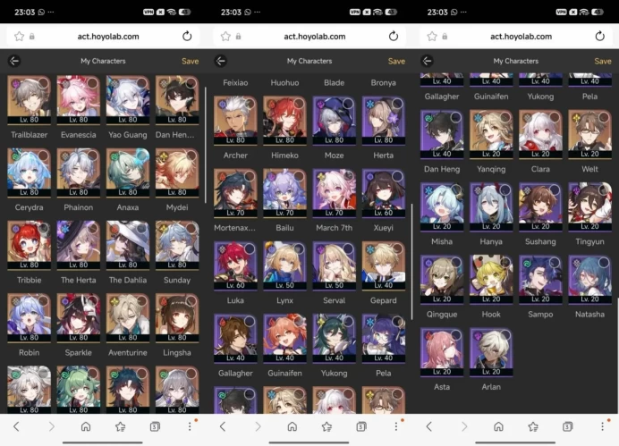 1846 - All Platform - EU - Level 70 - 50 Character 28 5'star - 12 Light Cone 5'star - Mydei - Anaxa - Phainon - Cerydra - Sparkle