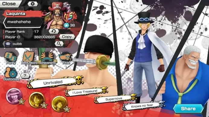 Global |EX 4|PR 17|Zoro & Sanji Lv.63/63,Gol D.Roger Lv.62/62,Monkey D. Grap Lv.85/85,Sabo Max| RD 45|LogBandai CheckSS OPBR404B