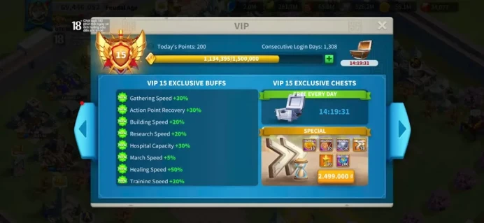 ROK2387: 69M - Vip 15 - 13 Commanders - 15 Passport  - 673 Gold Heads - 4  farms  - 3 Skin - 34k Gems