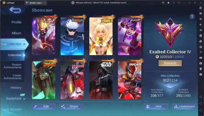 Global |Hero 133|Skin 312|Exalted|Legend Franco|JJK Xavier|Prime Beatrix|KOF Guin|KFP Thamuz|TFM Aldous|More Check SS ML2291B